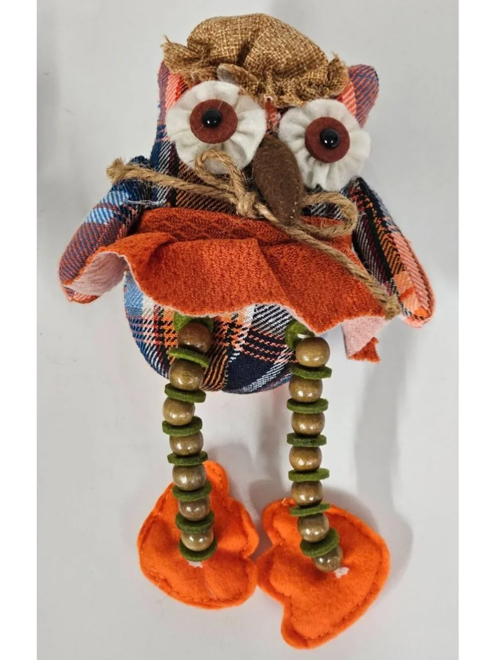 Fall Plaid Owl Shelf Sitters Set of 2 Harvest Autumn Decor with Beaded Legs